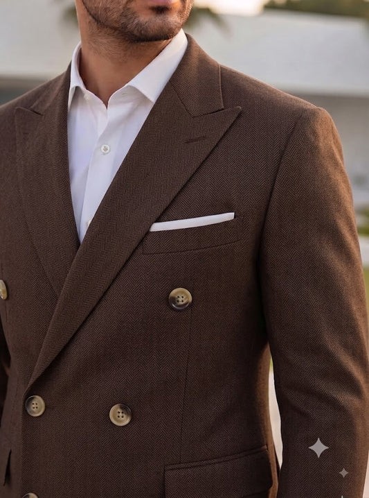 Brown Herringbone Double Breasted Blazer by Italian Vega®