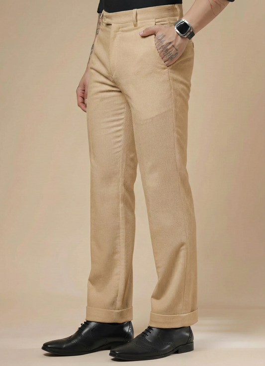 Beige Corduroy Men Pleated Formal Pants | Boot Cut Fit by ITALIAN VEGA®