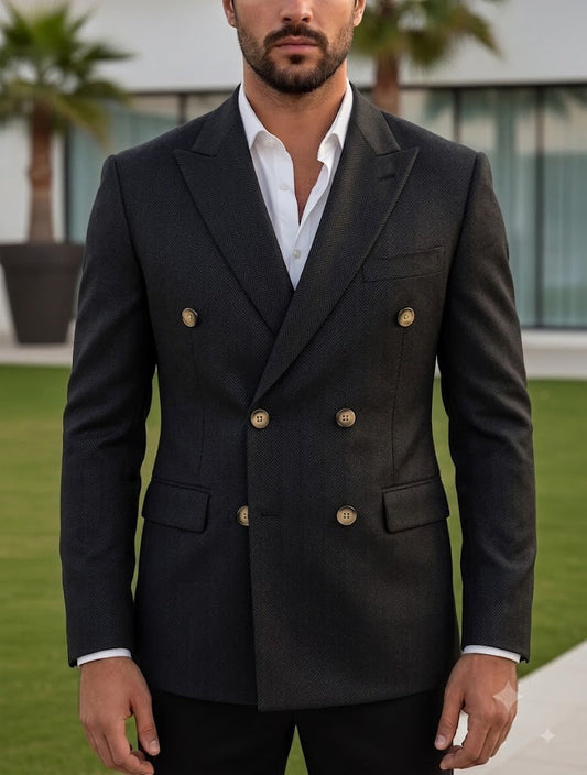 Black Herringbone Double Breasted Blazer by Italian Vega®
