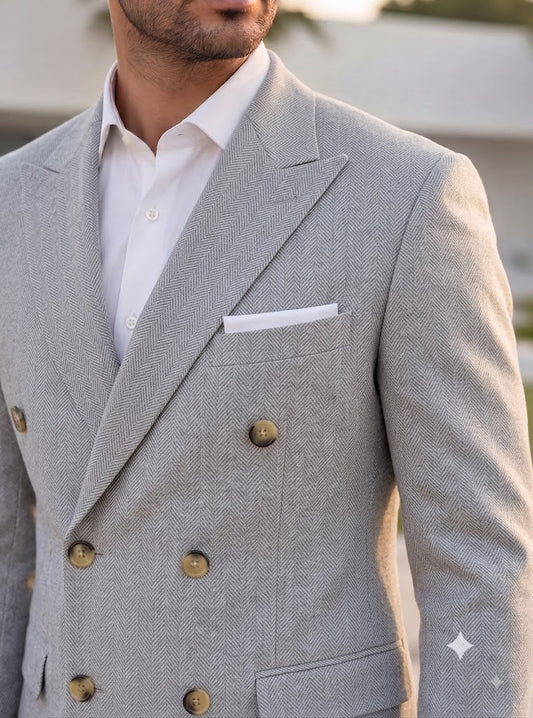 Light Grey Herringbone Double Breasted Blazer by Italian Vega®
