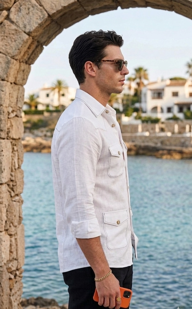 White Safari Shirt – Pick Stitched with Multi Pockets by Italian Vega® - 028