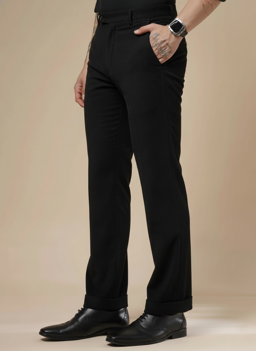 Black Corduroy Men Pleated Formal Pants | Boot Cut Fit by ITALIAN VEGA®