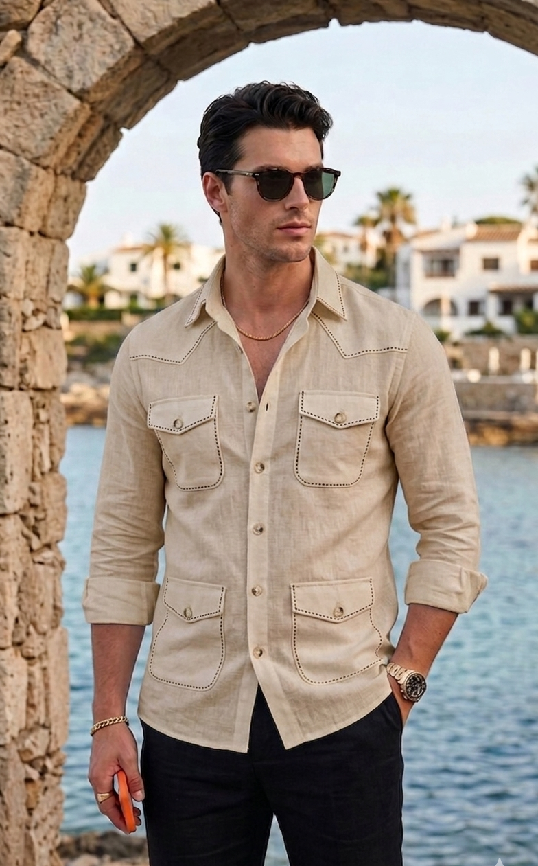 Beige Safari Shirt – Pick Stitched with Multi Pockets by Italian Vega® - 027