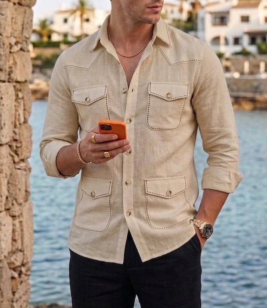 Beige Safari Shirt – Pick Stitched with Multi Pockets by Italian Vega® - 027