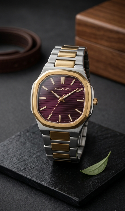 Italian Vega Verona Prestige Watch – Burgundy Dial Dual Tone Luxury Timepiece