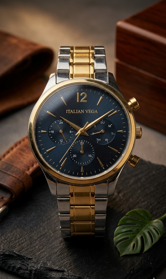 Italian Vega Royale Chronograph Watch – Blue Dial Dual Tone Luxury Timepiece