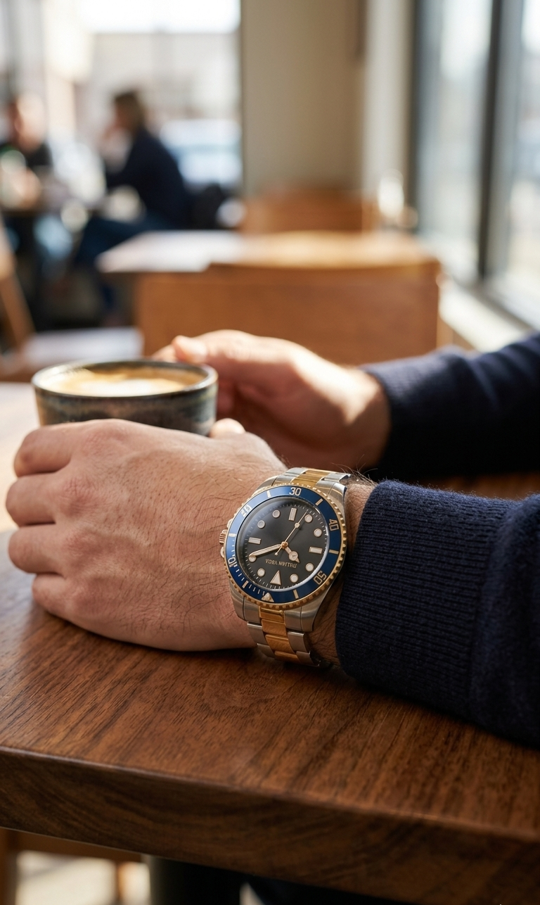 Italian Vega Riviera Diver Watch – Blue & Gold Stainless Steel Luxury Timepiece