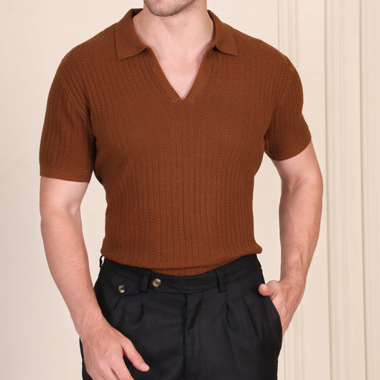 Herringbone Brown Half Sleeve Knit Polo by ITALIAN VEGA®