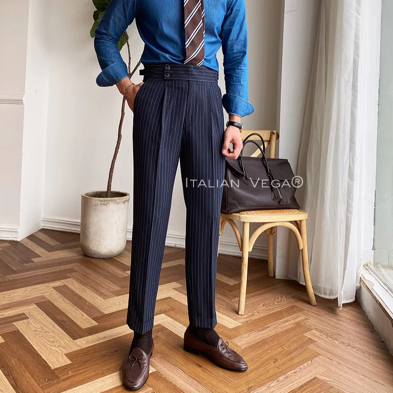 Navy Striped Buttoned Gurkha Pants | Italian Vega® Limited Edition