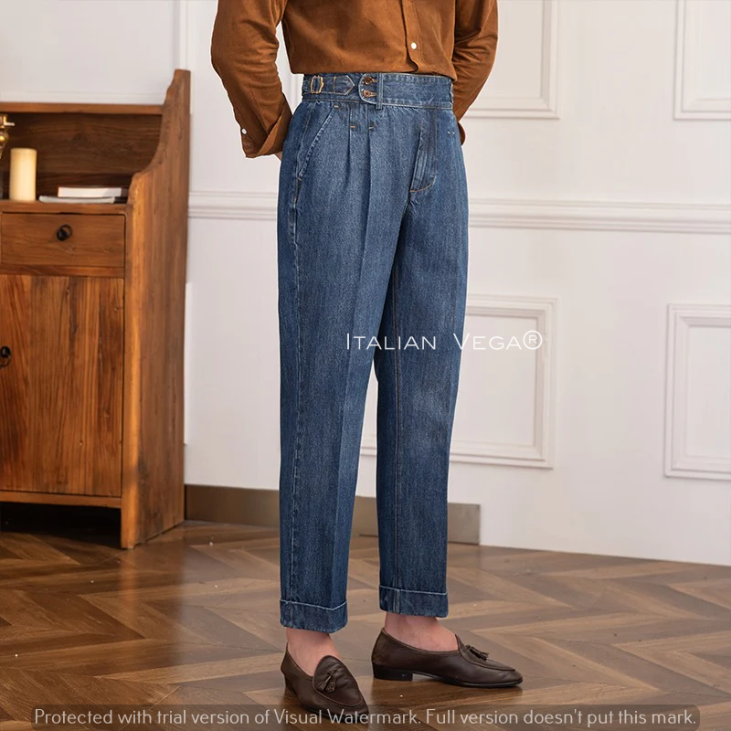 Blue Denim Signature Buttoned Trouser by Italian Vega®