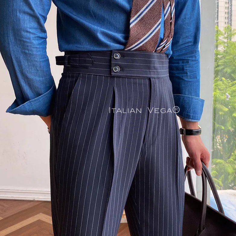 Navy Striped Buttoned Gurkha Pants | Italian Vega® Limited Edition