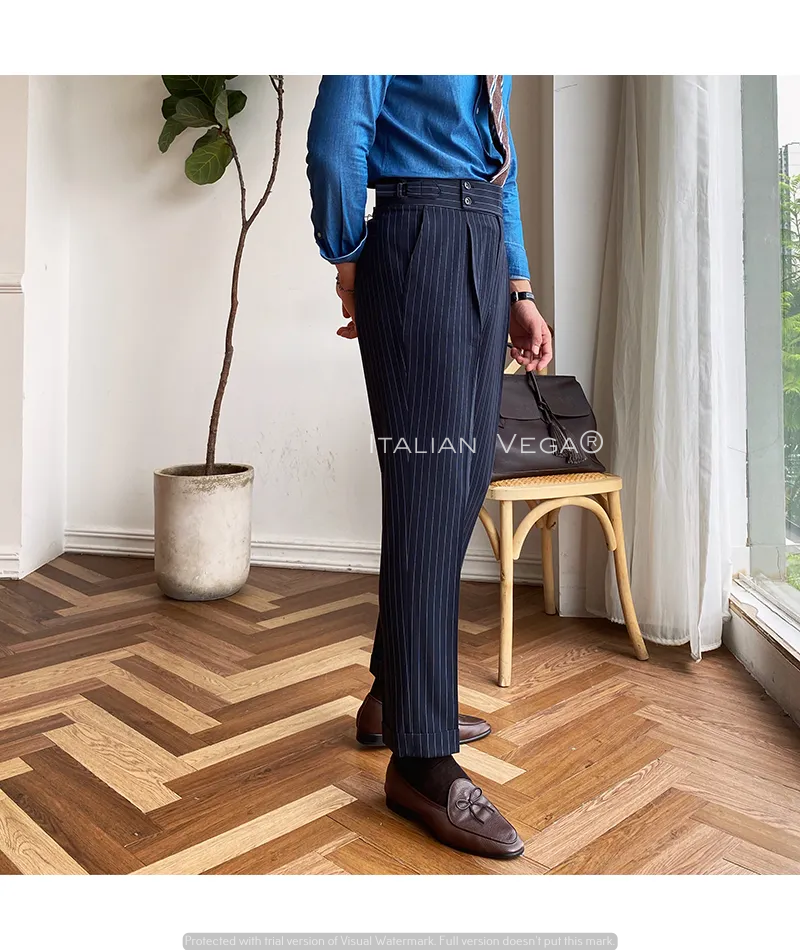 Navy Striped Buttoned Gurkha Pants | Italian Vega® Limited Edition