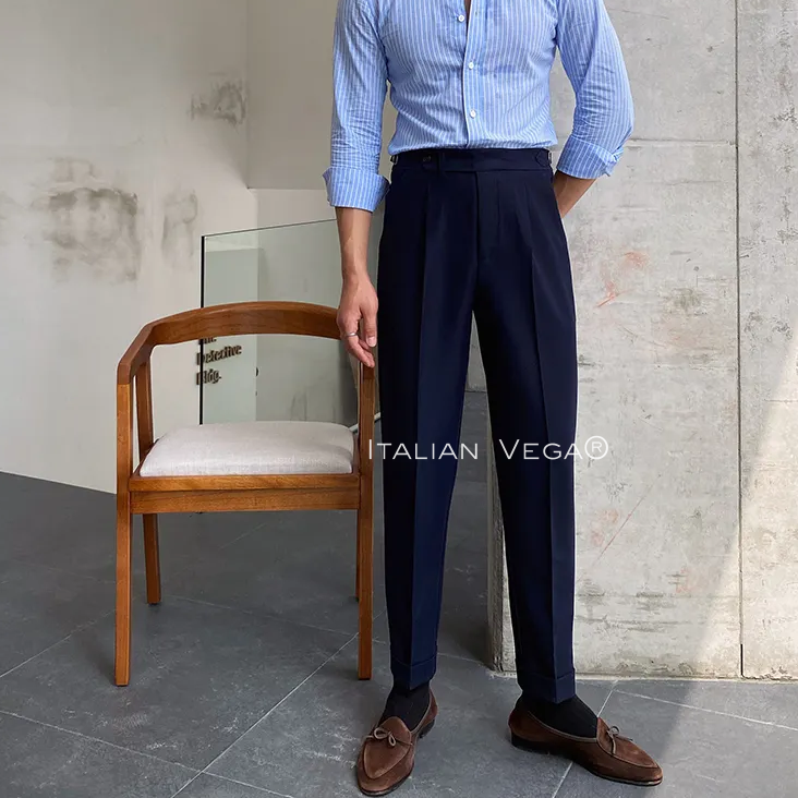 Navy Blue Italian Elegant Gurkha Trousers by Italian Vega®