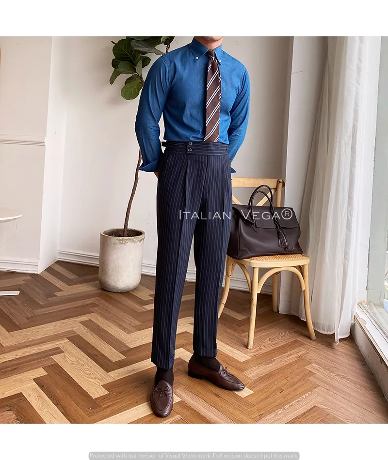 Navy Striped Buttoned Gurkha Pants | Italian Vega® Limited Edition