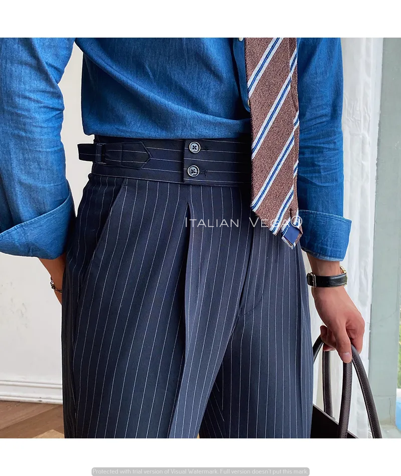 Navy Striped Buttoned Gurkha Pants | Italian Vega® Limited Edition