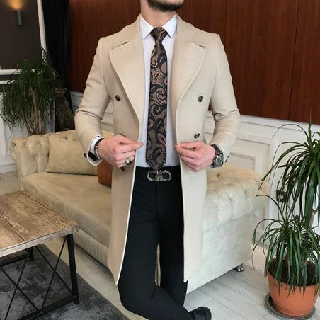 Frost Slim Fit Beige Double Breasted Wool Coat