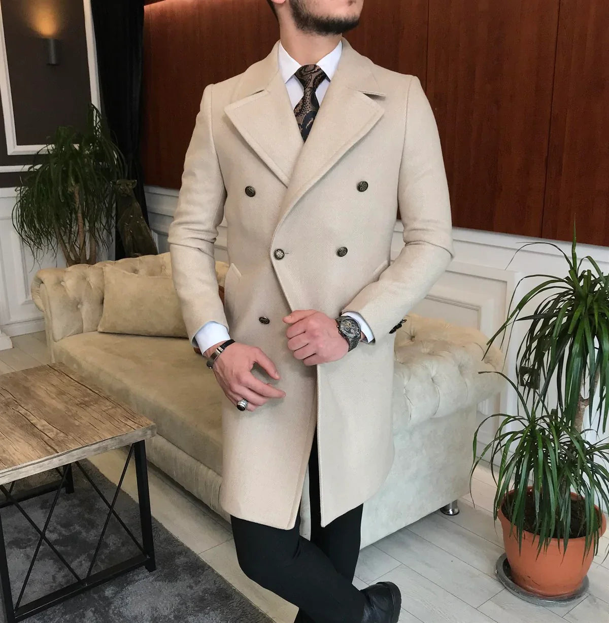 Frost Slim Fit Beige Double Breasted Wool Coat