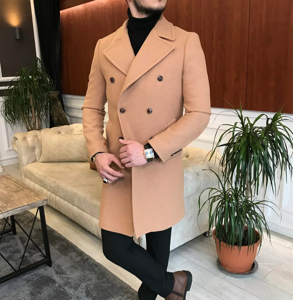 Frost Slim Fit Camel Double Breasted Wool Coat