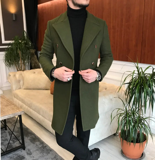 Frost Slim Fit Green Double Breasted Wool Coat